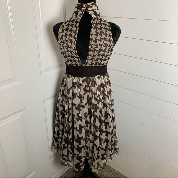ZARA Brown Houndstooth Silk Chiffon Roll Neck Belt Sleeveless Cocktail Dress, S - Picture 7 of 11